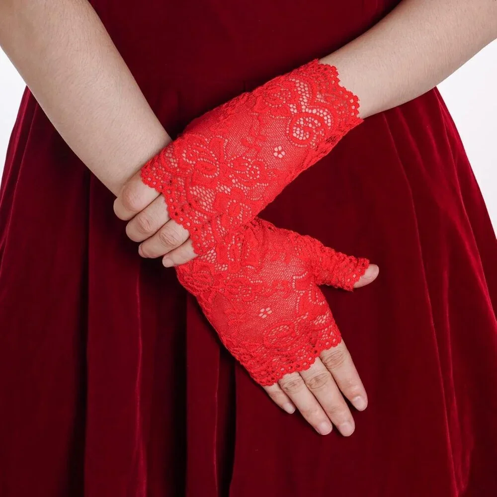 Women's 2 Pairs Red Lace Fingerless Gloves Party Prom Costume Accessories